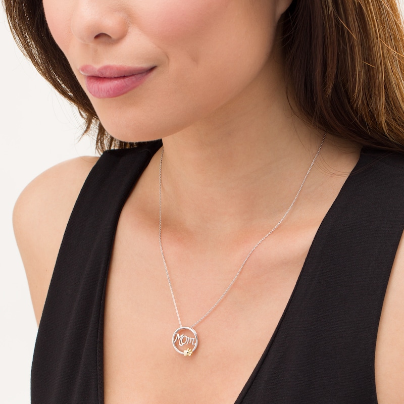 Cursive "Mom" and Paw Print Circle Frame Pendant in Sterling Silver and 10K Gold