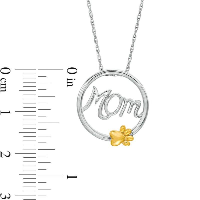 Cursive "Mom" and Paw Print Circle Frame Pendant in Sterling Silver and 10K Gold