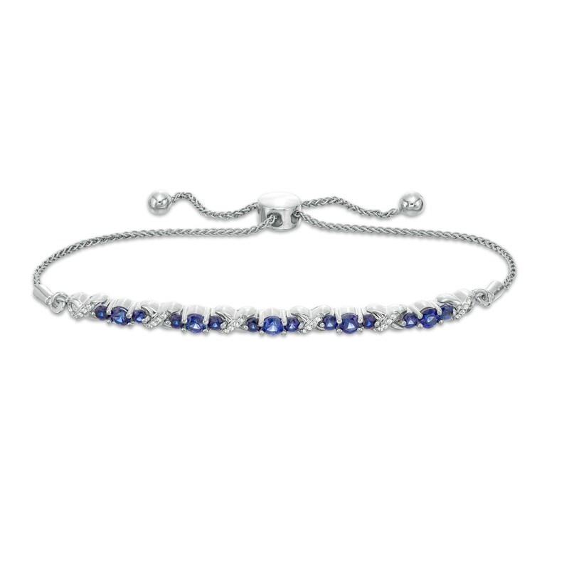 Lab-Created Blue Sapphire and 0.065 CT. T.W. Diamond Three Stone "X" and "O" Bolo Bracelet in Sterling Silver - 9.5"