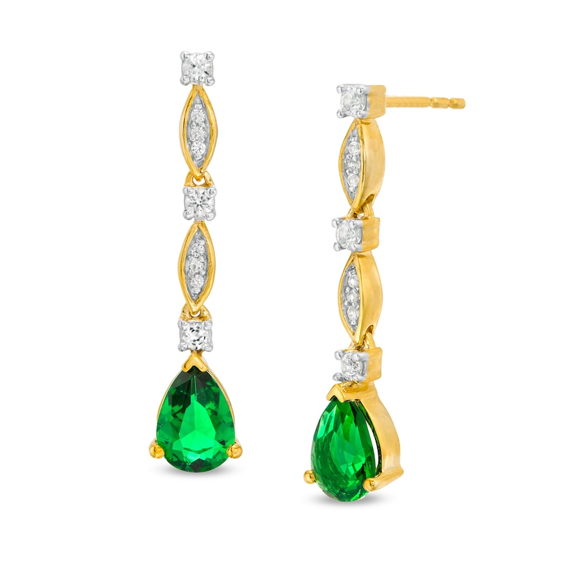 Pear-Shaped Lab-Created Emerald and White Sapphire Marquise Frame Drop Earrings in Sterling Silver with 14K Gold Plate
