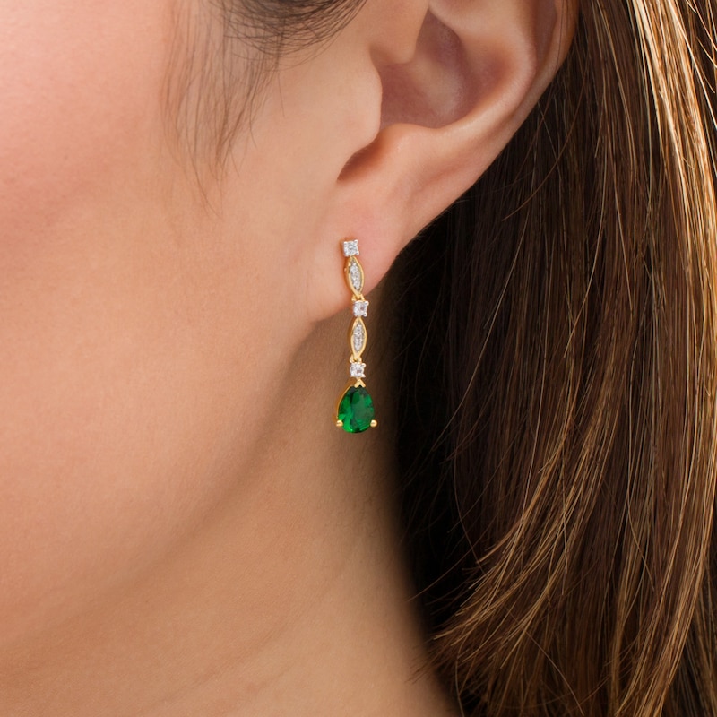 Pear-Shaped Lab-Created Emerald and White Sapphire Marquise Frame Drop Earrings in Sterling Silver with 14K Gold Plate