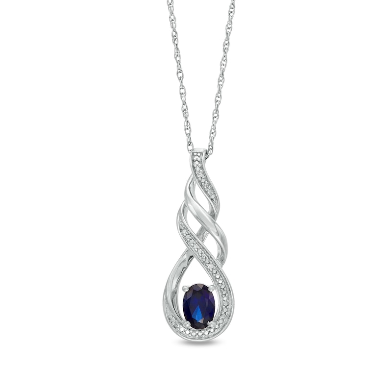 Oval Lab-Created Blue Sapphire and Diamond Accent Cascading Open Flame Pendant in Sterling Silver