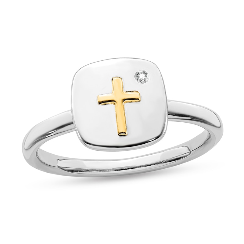 Main Image 1 of Stackable Expressions™ Diamond Accent Cross Cushion Signet Ring in Sterling Silver and 14K Gold