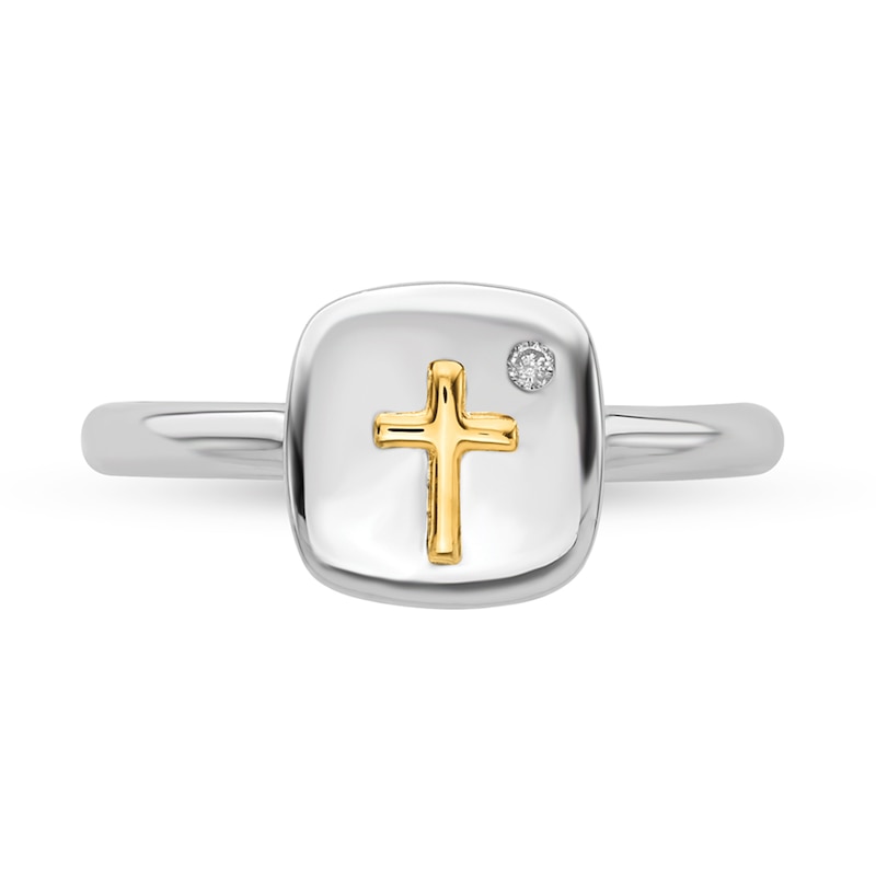 Main Image 2 of Stackable Expressions™ Diamond Accent Cross Cushion Signet Ring in Sterling Silver and 14K Gold