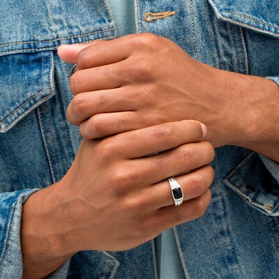 Men's Sideways Cushion-Cut Onyx and Lab-Created White Sapphire Collar Ring in Sterling Silver