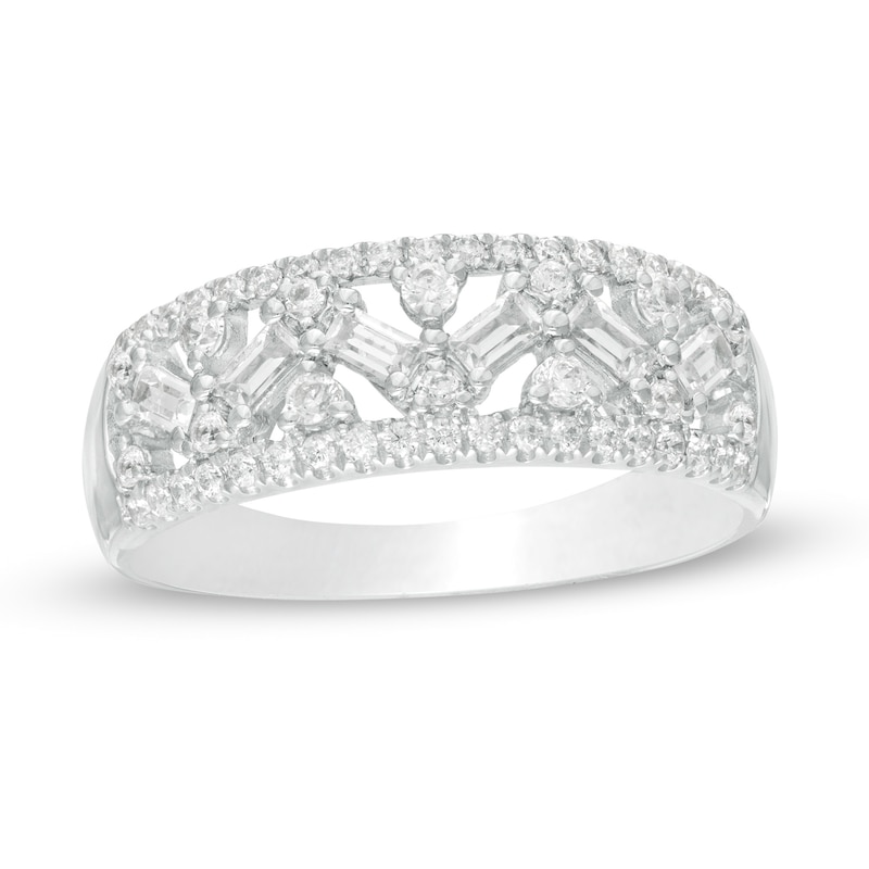 0.45 CT. T.W. Baguette and Round Diamond Lattice Anniversary Ring in 14K White Gold
