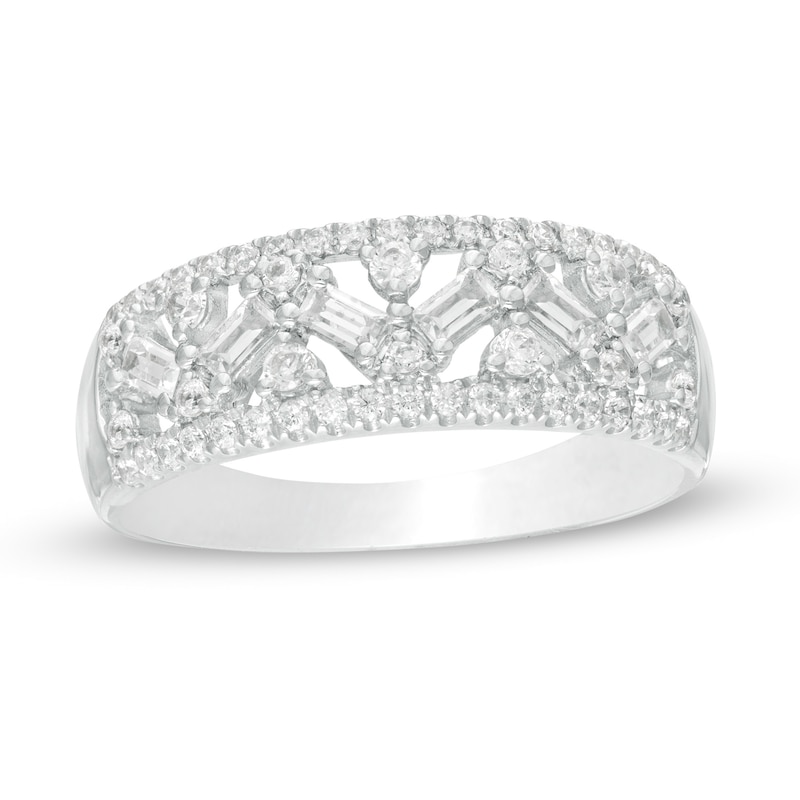 Main Image 1 of 0.45 CT. T.W. Baguette and Round Diamond Lattice Anniversary Ring in 14K White Gold
