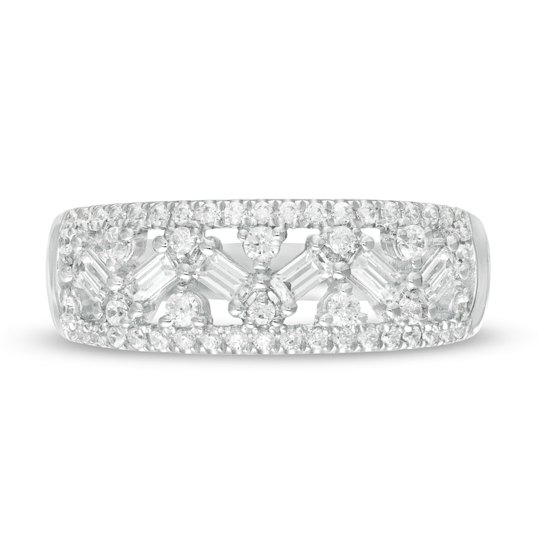 Main Image 4 of 0.45 CT. T.W. Baguette and Round Diamond Lattice Anniversary Ring in 14K White Gold