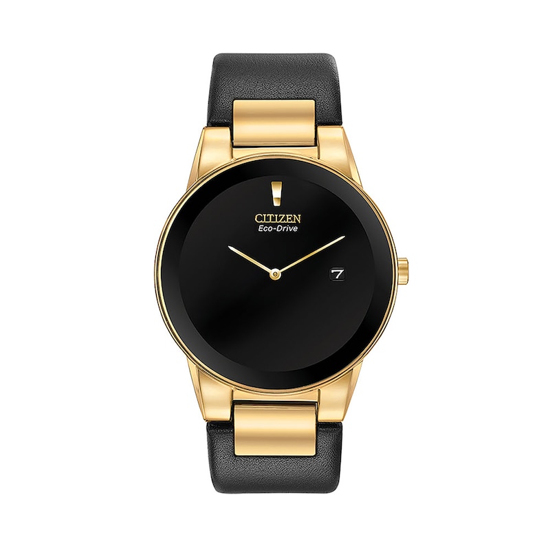 Men's Citizen Eco-Drive® Axiom Gold-Tone Black Leather Strap Watch with Black Dial (Model: AU1062-05E)