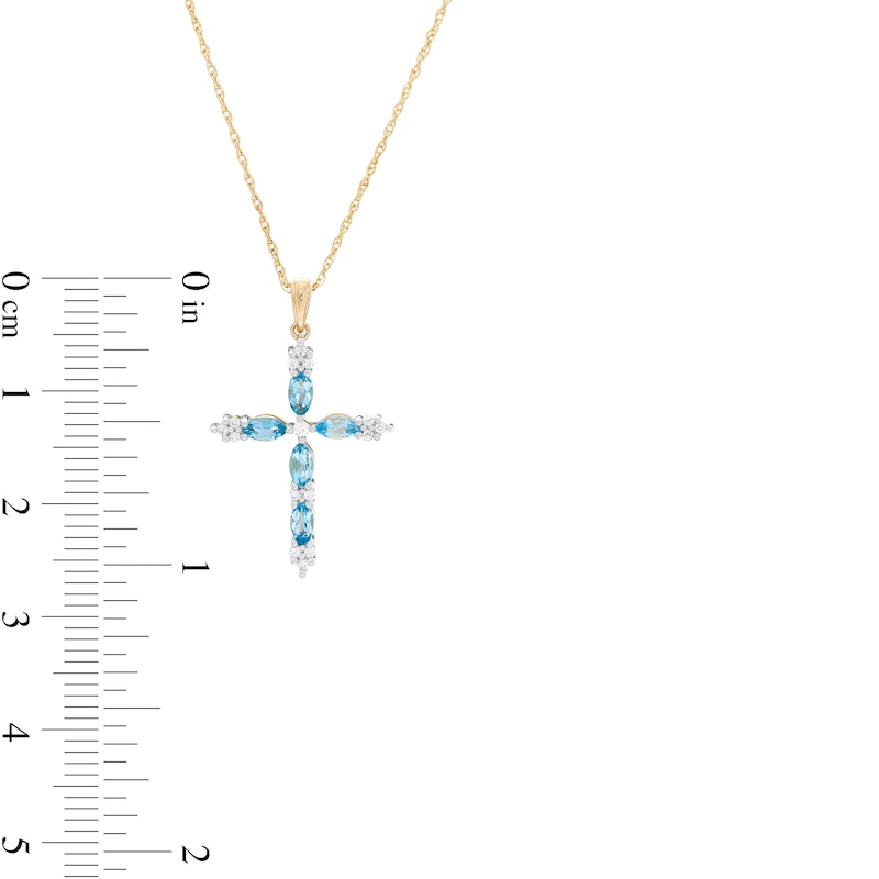 Main Image 2 of Marquise Swiss Blue Topaz and 0.08 CT. T.W. Diamond Cross Pendant in 10K Gold