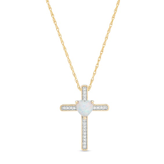 5.0mm Heart-Shaped Lab-Created Opal and 0.05 CT. T.W. Diamond Vintage-Style Cross Pendant in 10K Gold