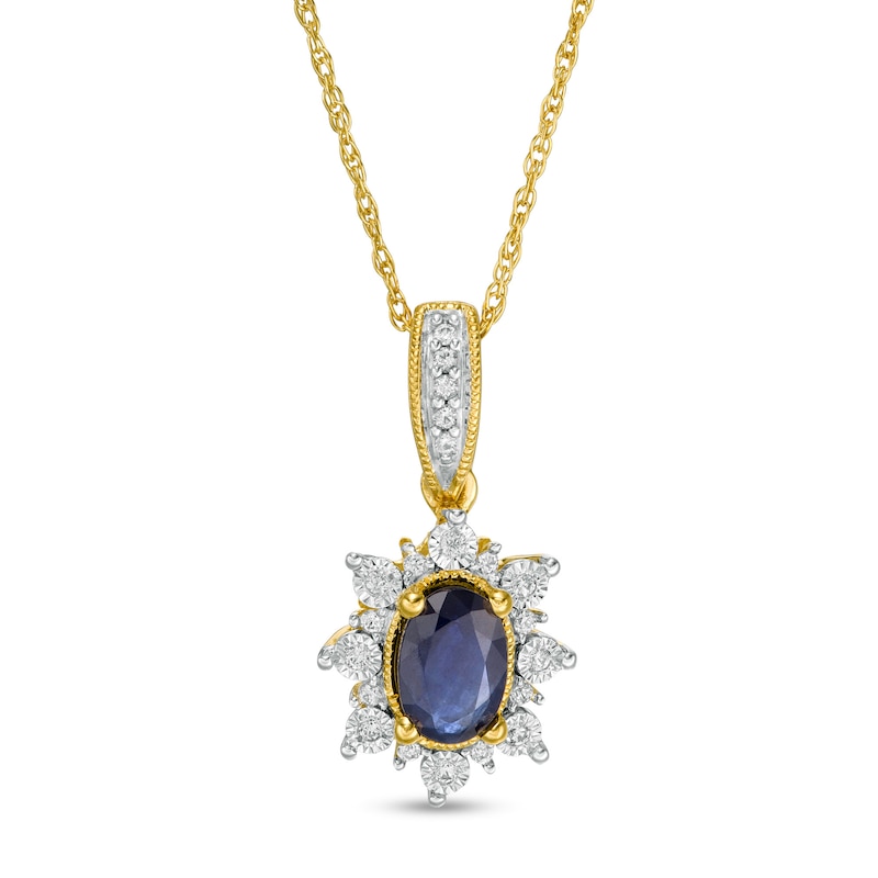 Oval Blue Sapphire and 0.08 CT. T.W. Diamond Sun Frame Vintage-Style Pendant in 10K Gold|Peoples Jewellers