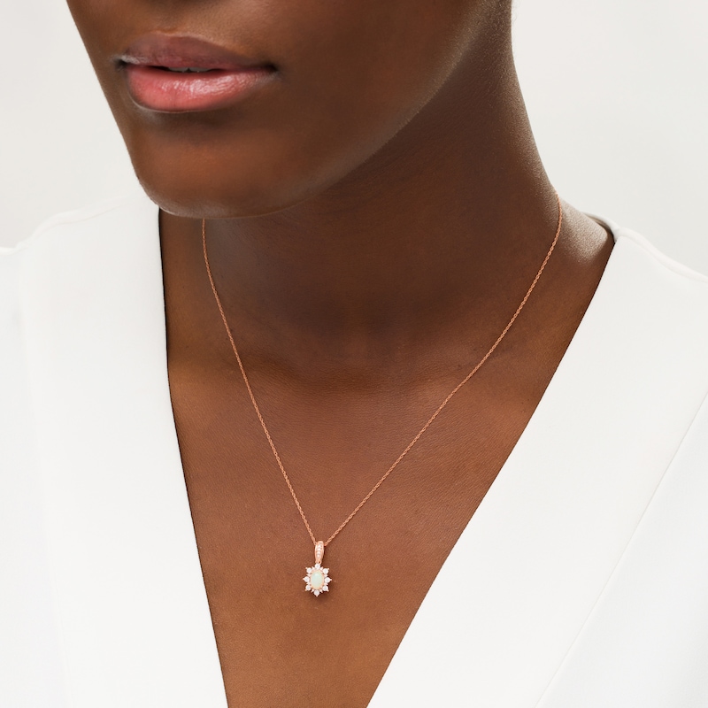 Main Image 2 of Oval Opal and 0.08 CT. T.W. Diamond Sun Frame Vintage-Style Pendant in 10K Rose Gold