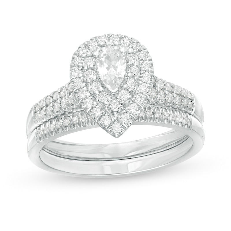 0.69 CT. T.W. Pear-Shaped Diamond Double Frame Bridal Set in 14K White Gold