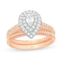 0.69 CT. T.W. Pear-Shaped Diamond Double Frame Bridal Set in 14K Rose Gold