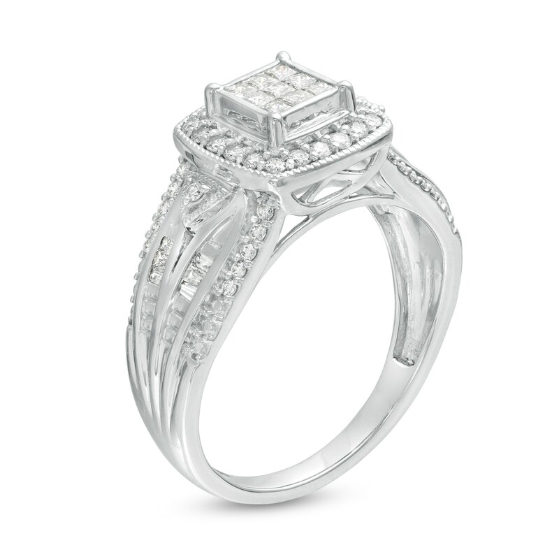 0.50 CT. T.W. Princess-Cut Composite Diamond Frame Multi-Row Vintage-Style Engagement Ring 10K White Gold