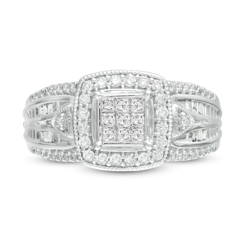 0.50 CT. T.W. Princess-Cut Composite Diamond Frame Multi-Row Vintage-Style Engagement Ring 10K White Gold