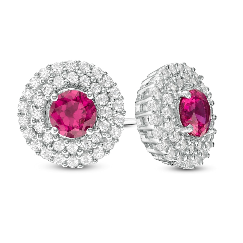 5.0mm Lab-Created Ruby and White Sapphire Double Frame Stud Earrings in Sterling Silver