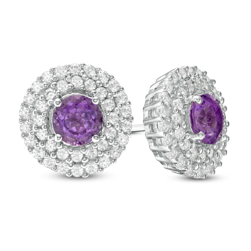 5.0mm Amethyst and Lab-Created White Sapphire Double Frame Stud Earrings in Sterling Silver|Peoples Jewellers