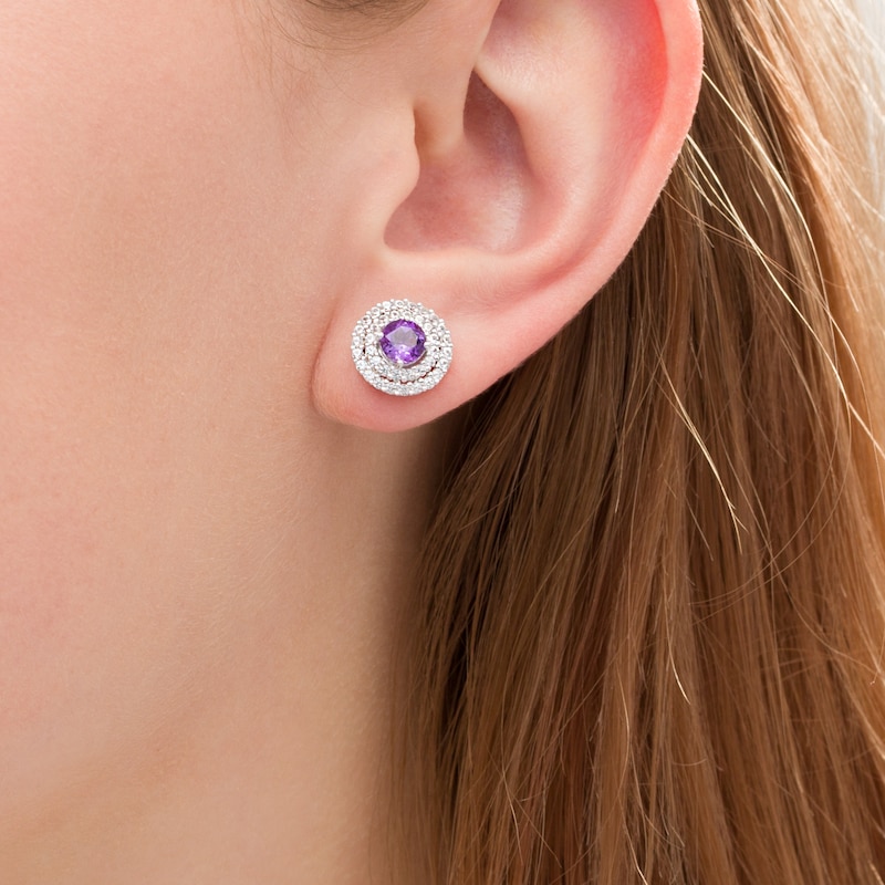 5.0mm Amethyst and Lab-Created White Sapphire Double Frame Stud Earrings in Sterling Silver