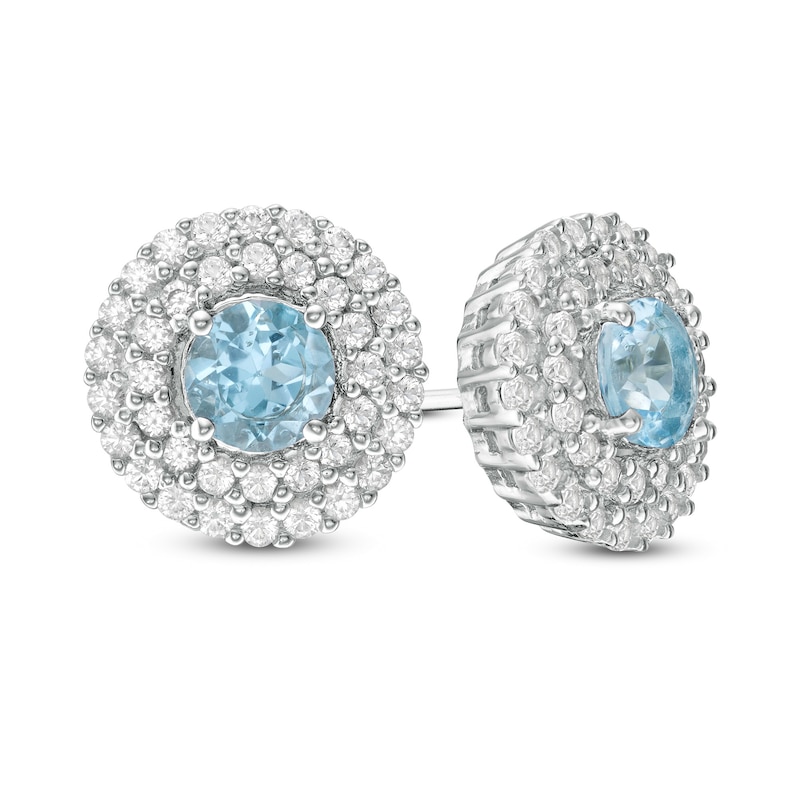 Main Image 1 of 5.0mm Swiss Blue Topaz and Lab-Created White Sapphire Double Frame Stud Earrings in Sterling Silver
