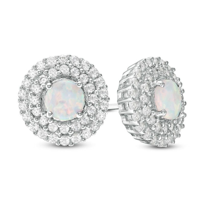 5.0mm Lab-Created Opal and White Sapphire Double Frame Stud Earrings in Sterling Silver|Peoples Jewellers