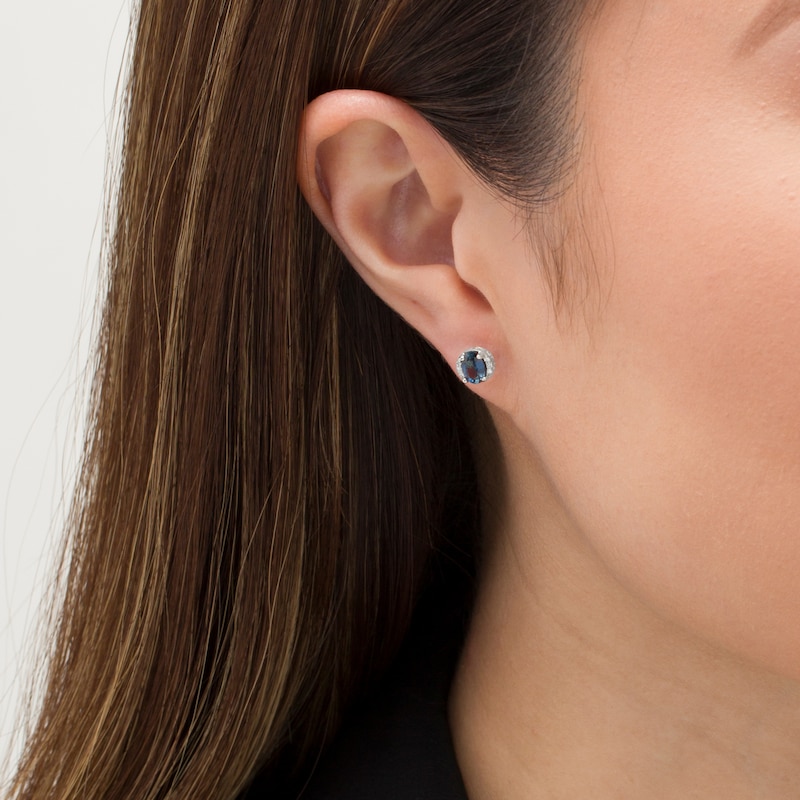Main Image 2 of Oval Blue Sapphire and 0.04 CT. T.W. Diamond Collar Stud Earrings in 10K Gold