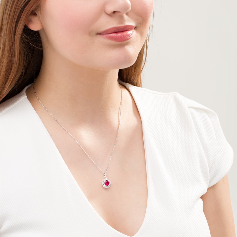 6.5mm Lab-Created Ruby and White Sapphire Double Frame Pendant in Sterling Silver
