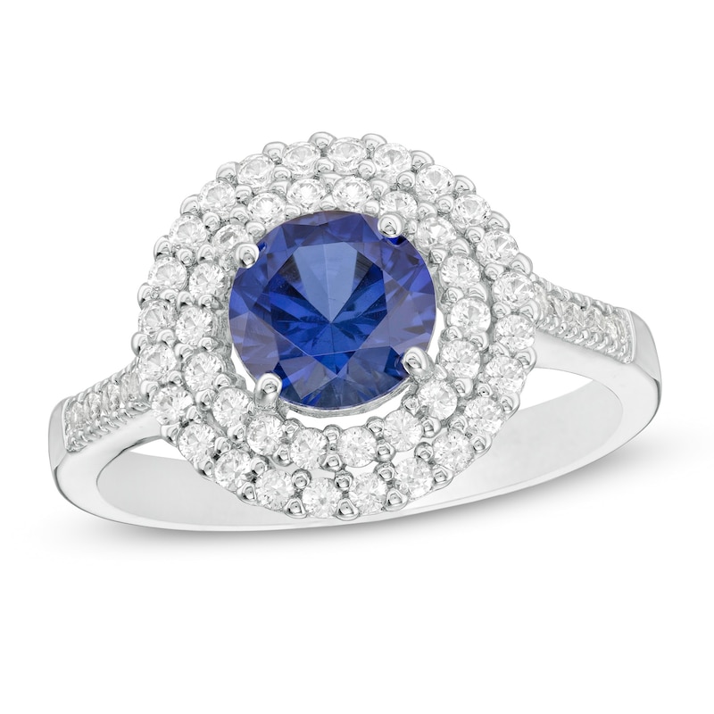 6.5mm Lab-Created Blue and White Sapphire Double Frame Ring in Sterling Silver