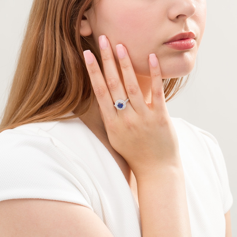 6.5mm Lab-Created Blue and White Sapphire Double Frame Ring in Sterling Silver