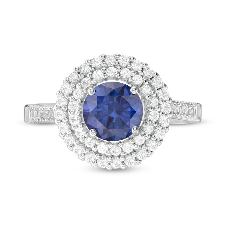 6.5mm Lab-Created Blue and White Sapphire Double Frame Ring in Sterling Silver