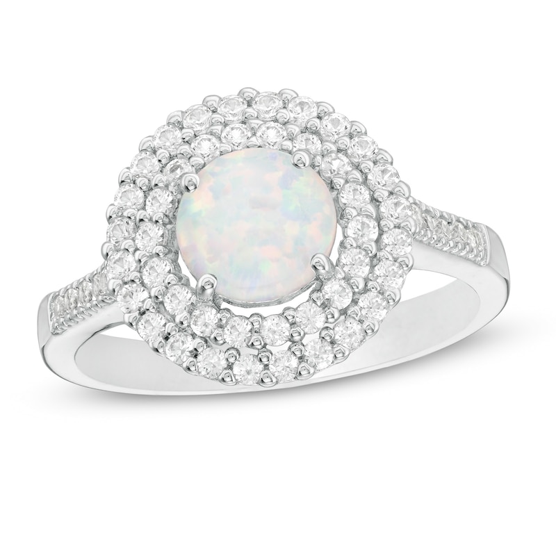 6.5mm Lab-Created Opal and White Sapphire Double Frame Ring in Sterling Silver|Peoples Jewellers