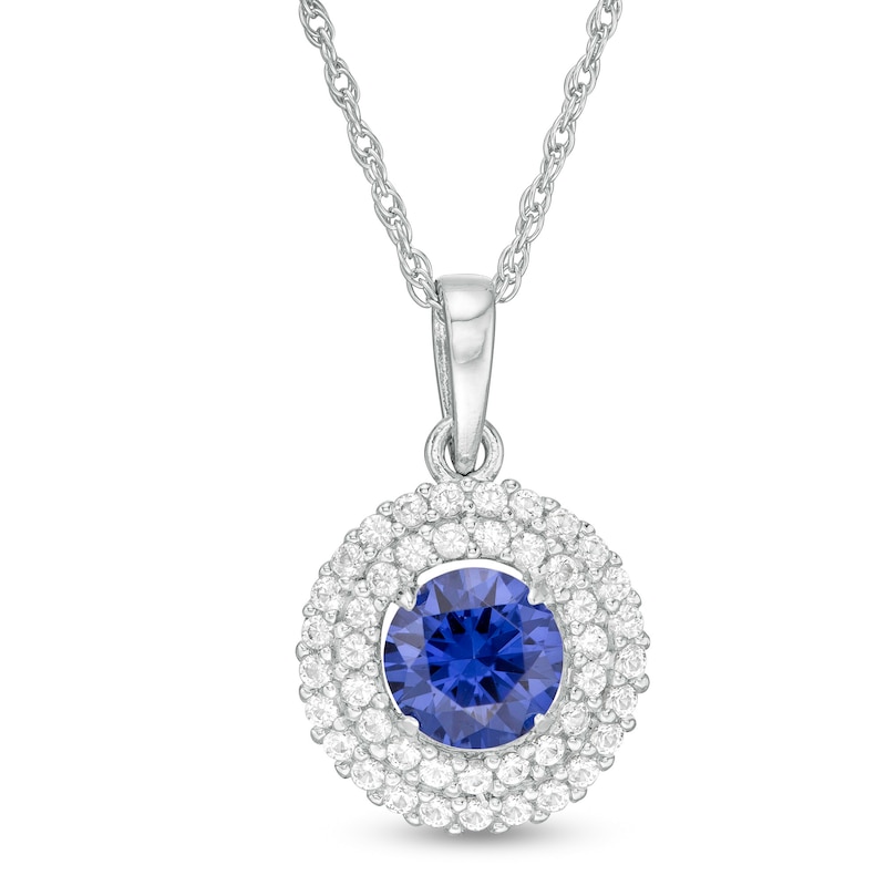 6.5mm Lab-Created Blue and White Sapphire Double Frame Pendant in Sterling Silver