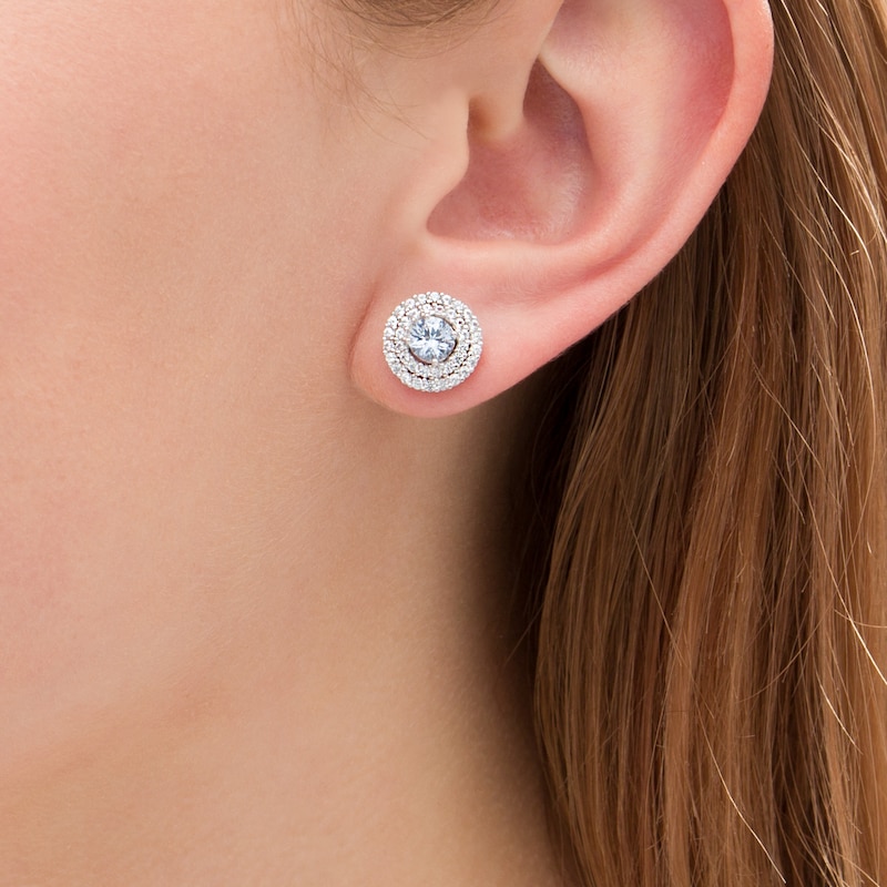 5.0mm Lab-Created Blue Spinel and White Sapphire Double Frame Stud Earrings in Sterling Silver