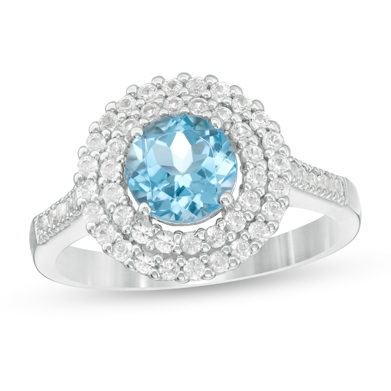 Main Image 1 of 6.5mm Swiss Blue Topaz and Lab-Created White Sapphire Double Frame Ring in Sterling Silver