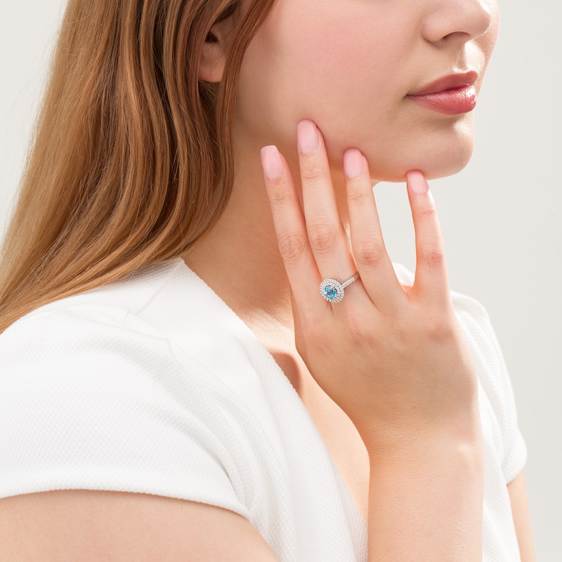 Main Image 2 of 6.5mm Swiss Blue Topaz and Lab-Created White Sapphire Double Frame Ring in Sterling Silver