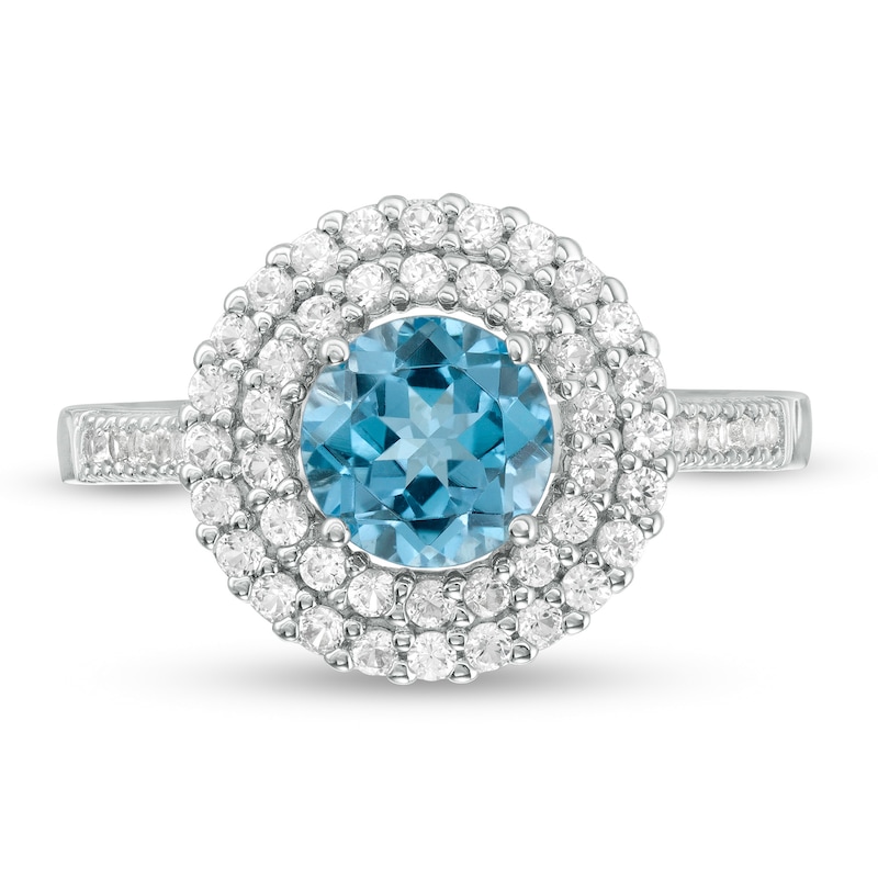 Main Image 4 of 6.5mm Swiss Blue Topaz and Lab-Created White Sapphire Double Frame Ring in Sterling Silver
