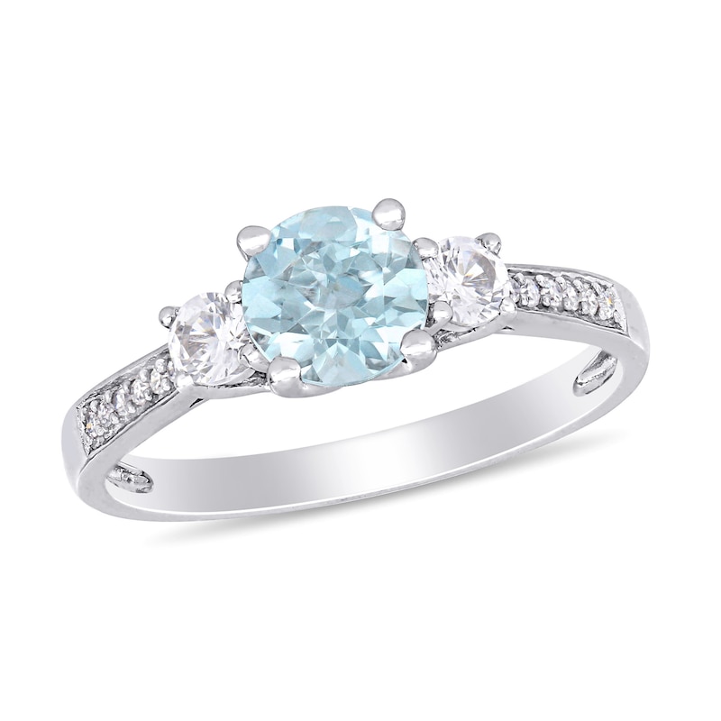 6.0mm Aquamarine, Lab-Created White Sapphire and 0.04 CT. T.W. Diamond Three Stone Engagement Ring in 10K White Gold|Peoples Jewellers