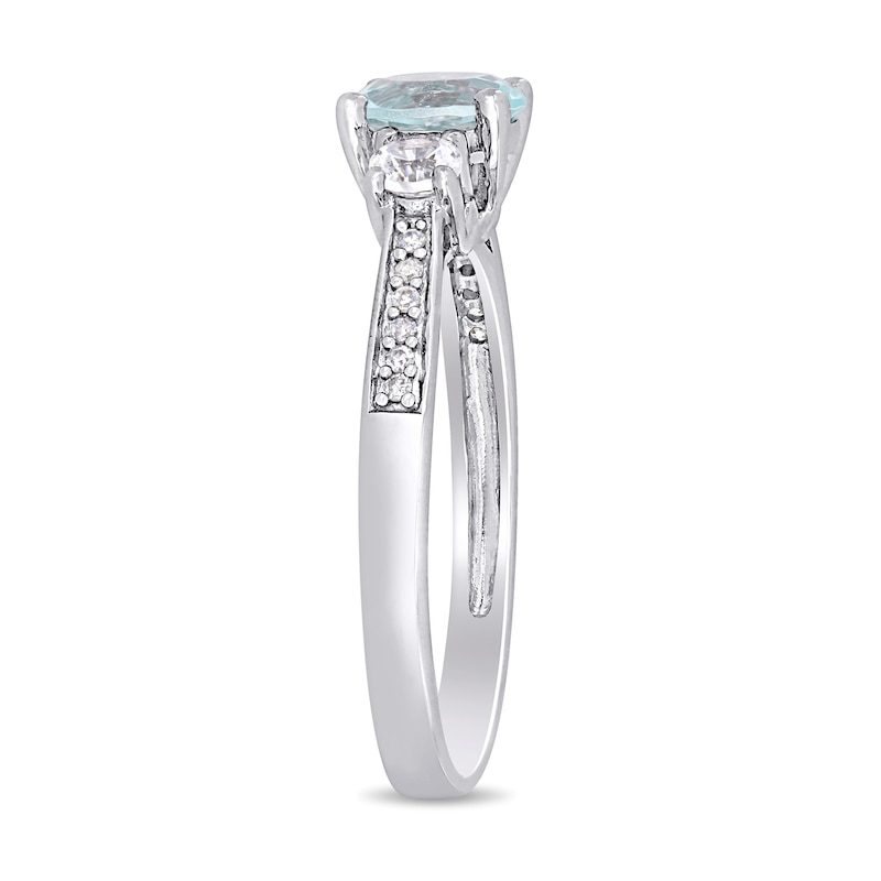 Main Image 3 of 6.0mm Aquamarine, Lab-Created White Sapphire and 0.04 CT. T.W. Diamond Three Stone Engagement Ring in 10K White Gold