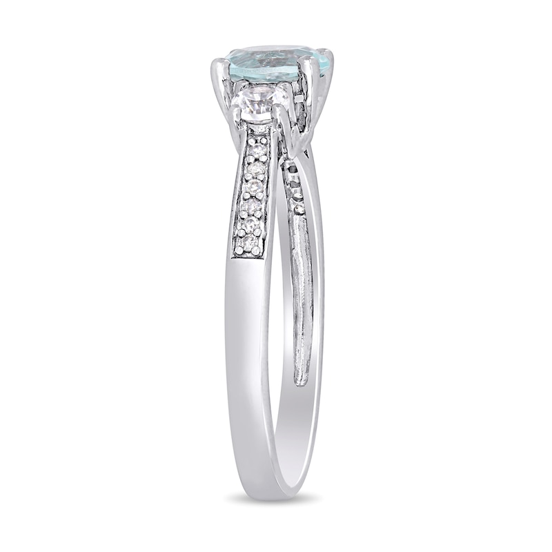 6.0mm Aquamarine, Lab-Created White Sapphire and 0.04 CT. T.W. Diamond Three Stone Engagement Ring in 10K White Gold