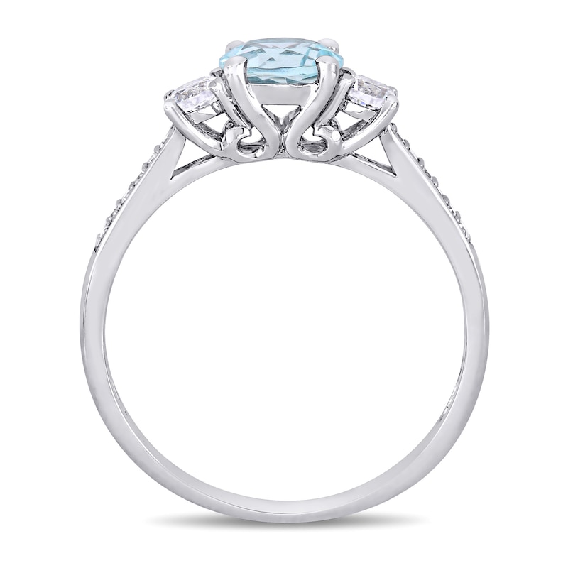 Main Image 4 of 6.0mm Aquamarine, Lab-Created White Sapphire and 0.04 CT. T.W. Diamond Three Stone Engagement Ring in 10K White Gold