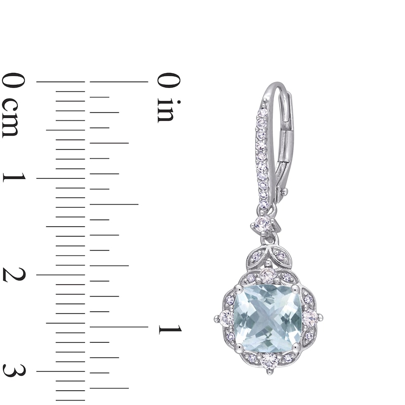 Main Image 3 of Cushion-Cut Aquamarine, White Sapphire and 0.16 CT. T.W. Diamond Floral Vintage-Style Drop Earrings in 14K White Gold