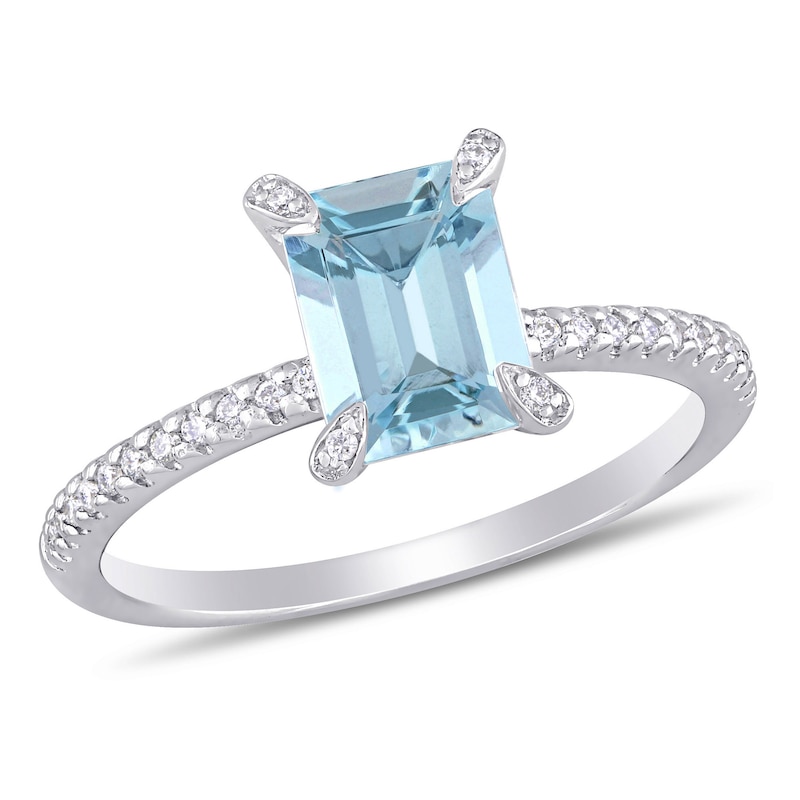 Main Image 1 of Emerald-Cut Aquamarine and 0.10 CT. T.W. Diamond Prong Engagement Ring in 14K White Gold