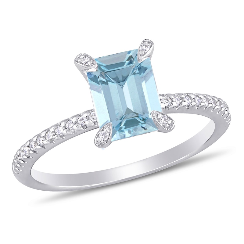 Emerald-Cut Aquamarine and 0.10 CT. T.W. Diamond Prong Engagement Ring in 14K White Gold|Peoples Jewellers