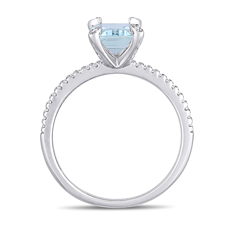 Main Image 4 of Emerald-Cut Aquamarine and 0.10 CT. T.W. Diamond Prong Engagement Ring in 14K White Gold