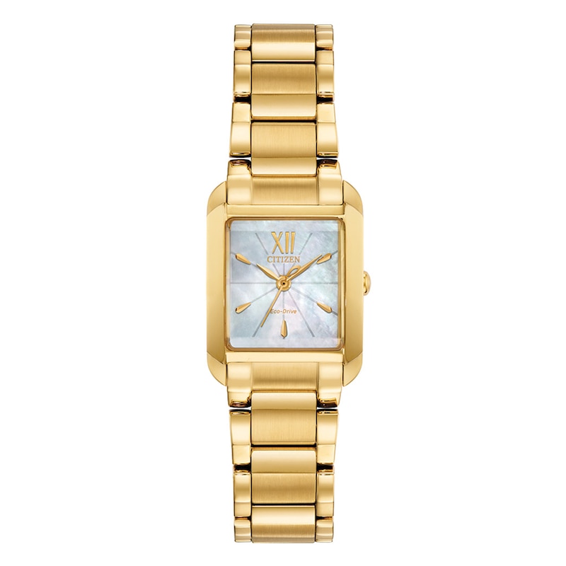 Ladies' Citizen Eco-Drive®L Bianca Gold-Tone Watch with Rectangular Mother-of-Pearl Dial (Model: EW5552-53D)