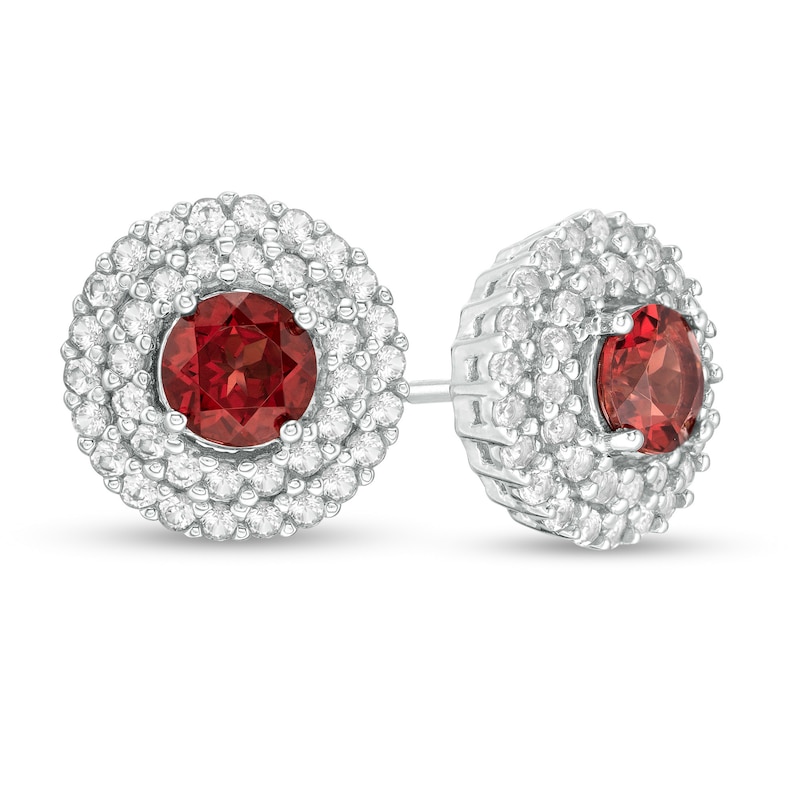 5.0mm Garnet and Lab-Created White Sapphire Double Frame Stud Earrings in Sterling Silver