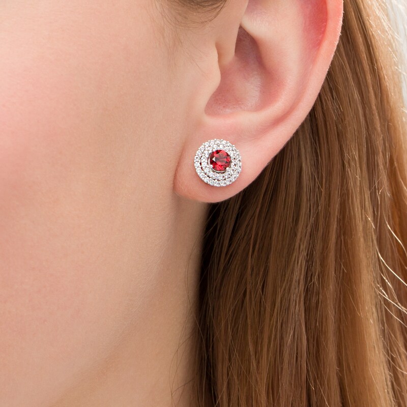 5.0mm Garnet and Lab-Created White Sapphire Double Frame Stud Earrings in Sterling Silver