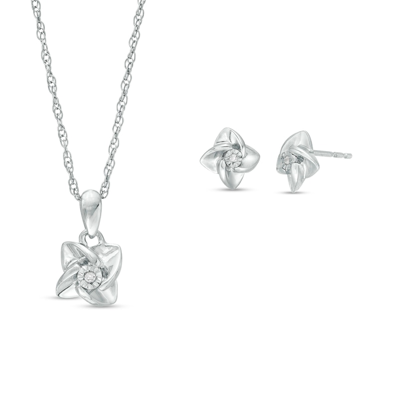 Diamond Accent Solitaire Pinwheel Pendant and Stud Earrings Set in Sterling Silver