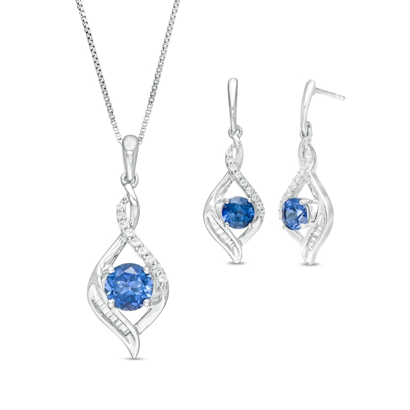 Lab-Created Ceylon Blue and White Sapphire Cascading Infinity Frame Pendant and Drop Earrings Set in Sterling Silver